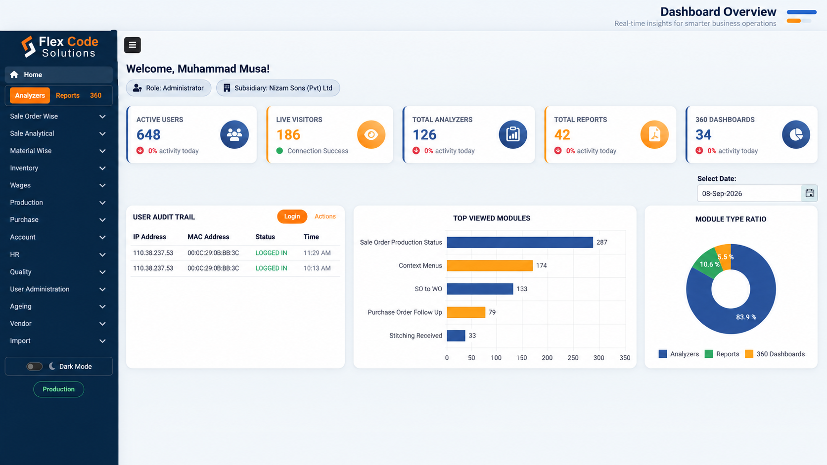 Flex Code WebSuite — Dashboard Overview