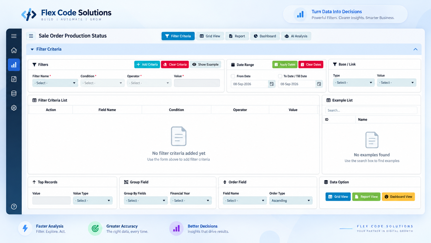 Flex Code WebSuite — Analyzer Filter Criteria