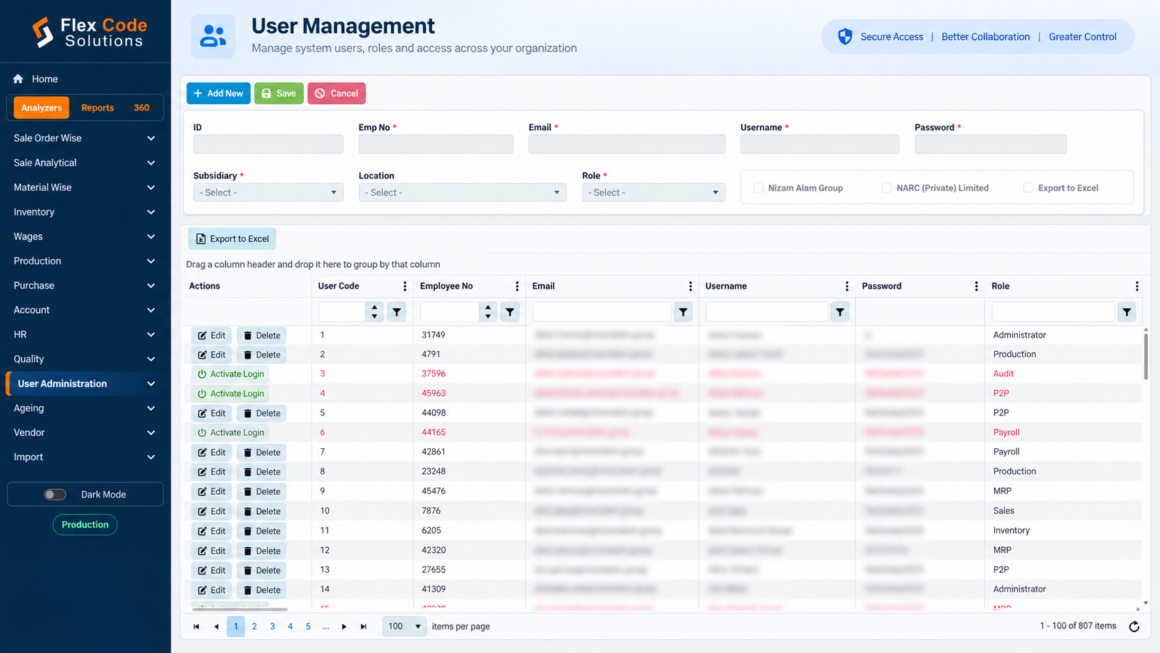 Flex Code WebSuite — User Management