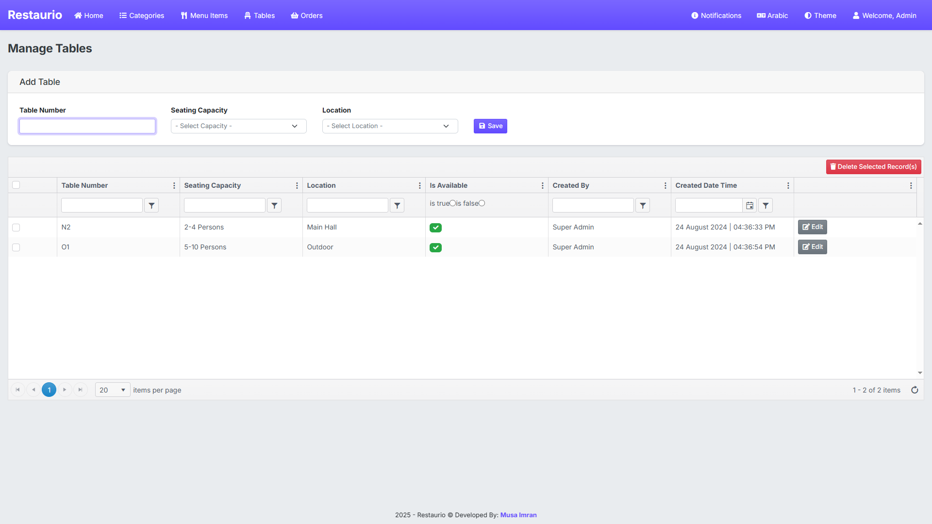 Restaurio — Manage Tables