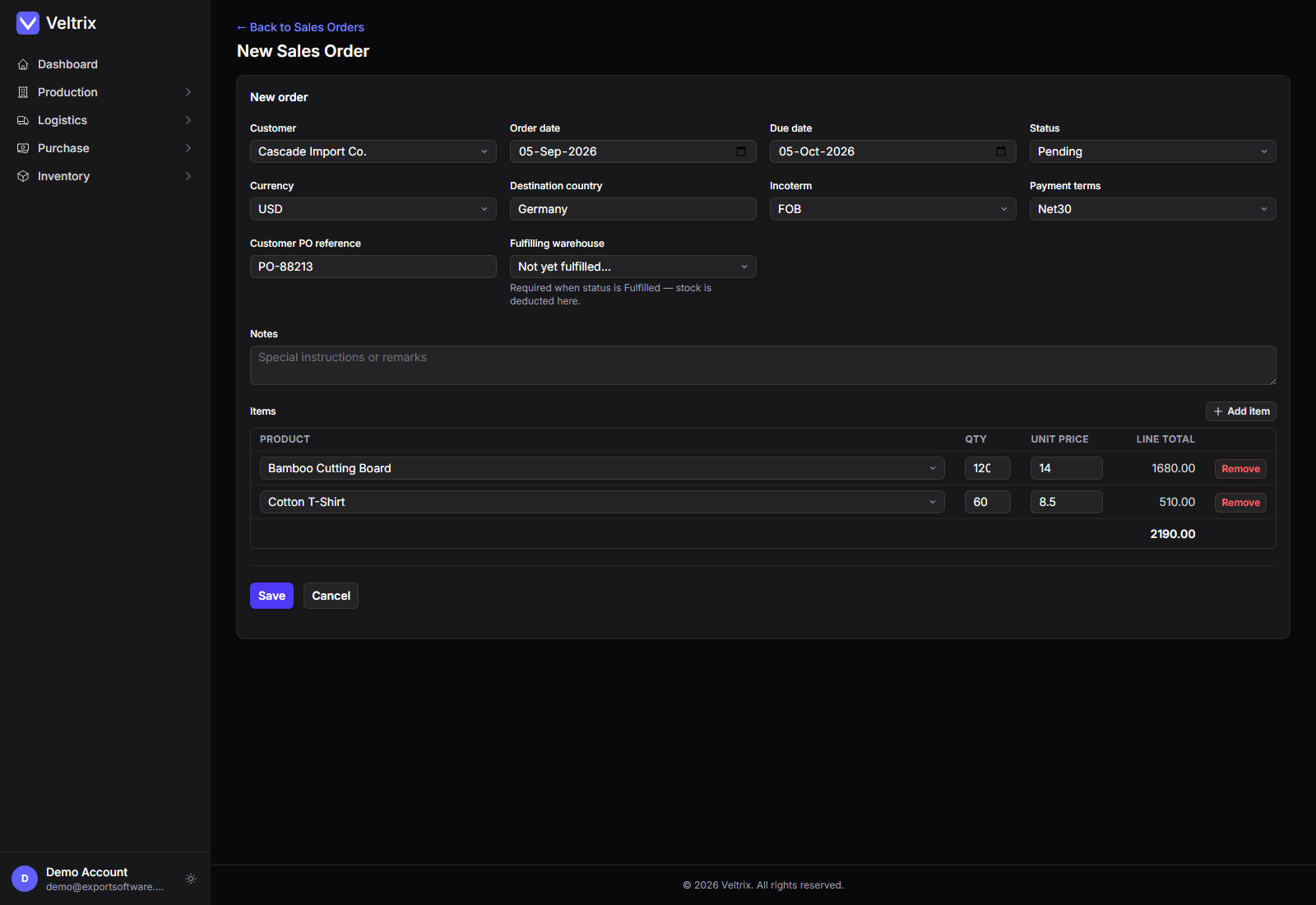 Veltrix ERP — Sales Order Creation