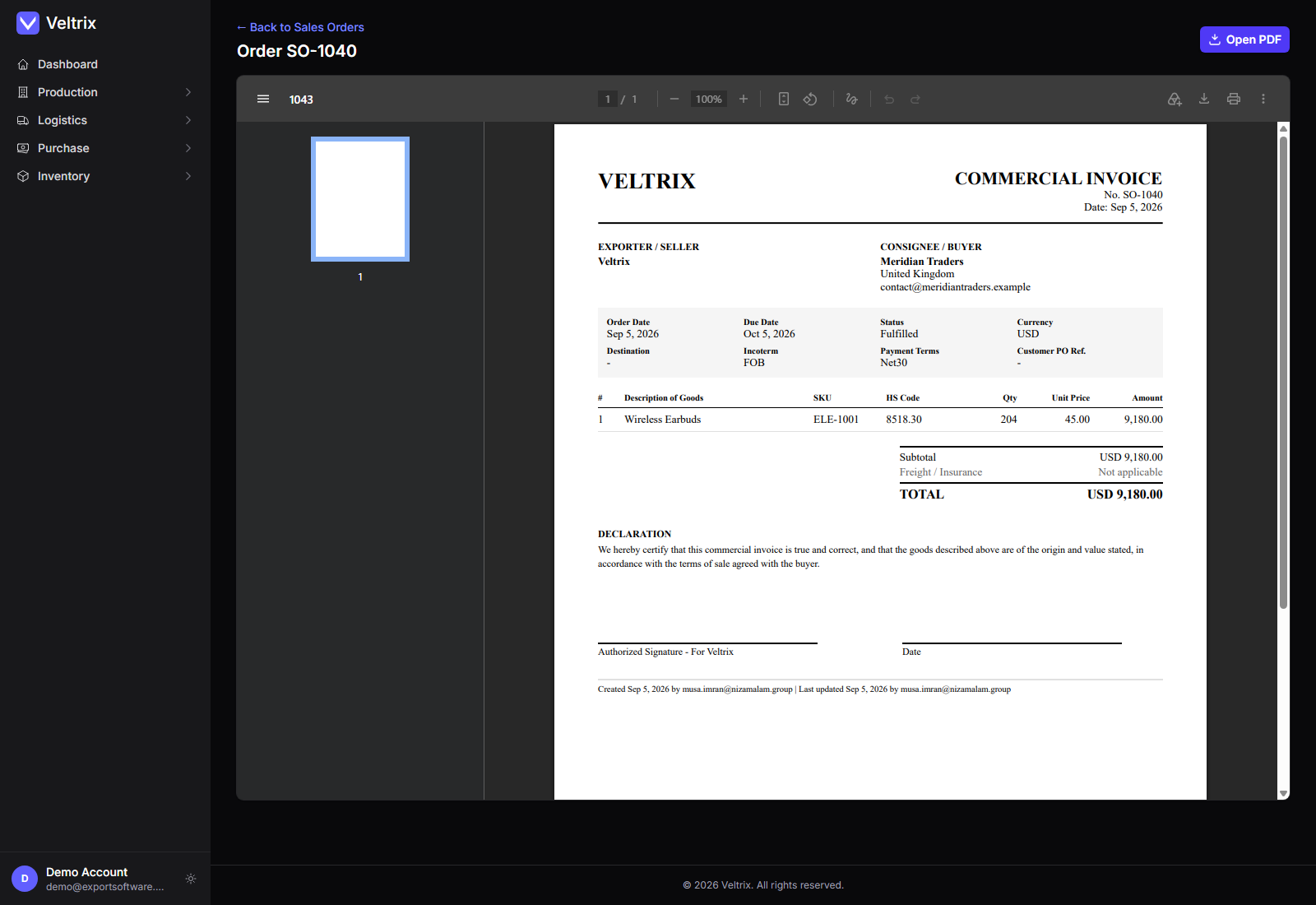 Veltrix ERP — Commercial Invoice