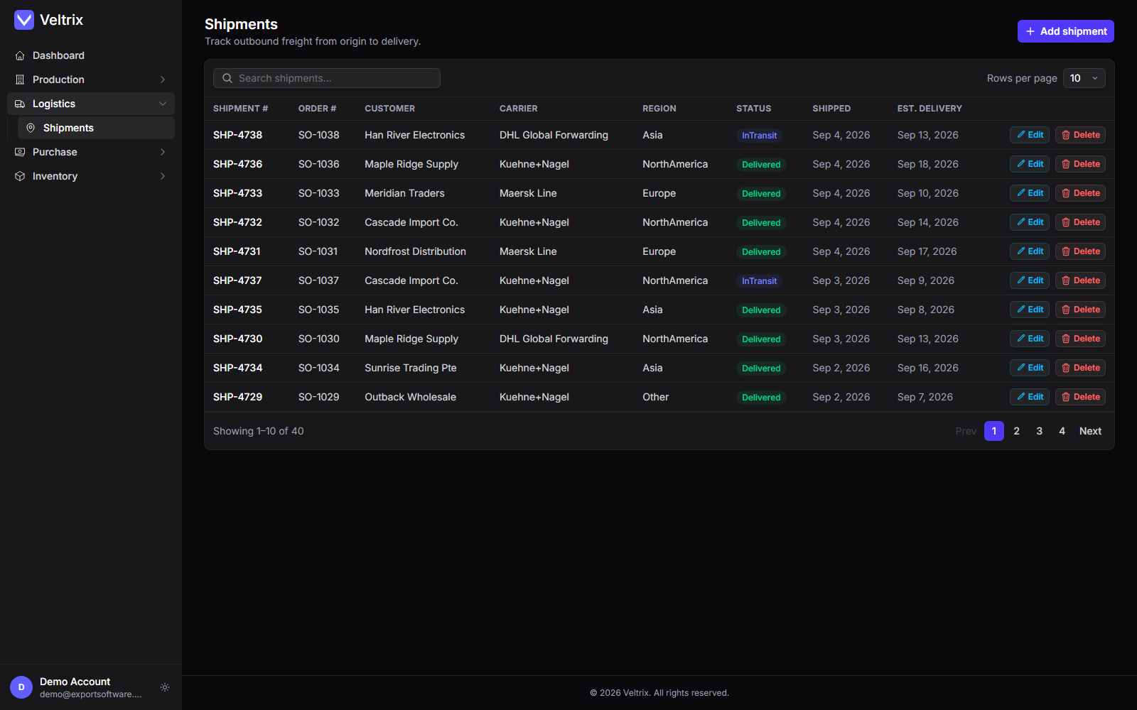 Veltrix ERP — Shipment Tracking